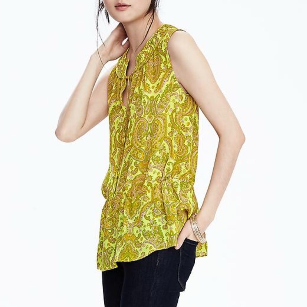 Banana Republic | Tie Collar Paisley Blouse | Chartreuse | Women's‎ Small
